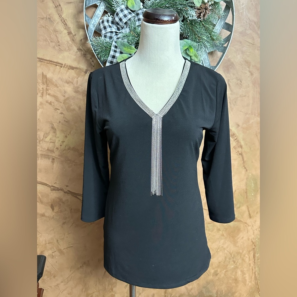 JM Collection Black Long Sleeve Top with Metallic Trim